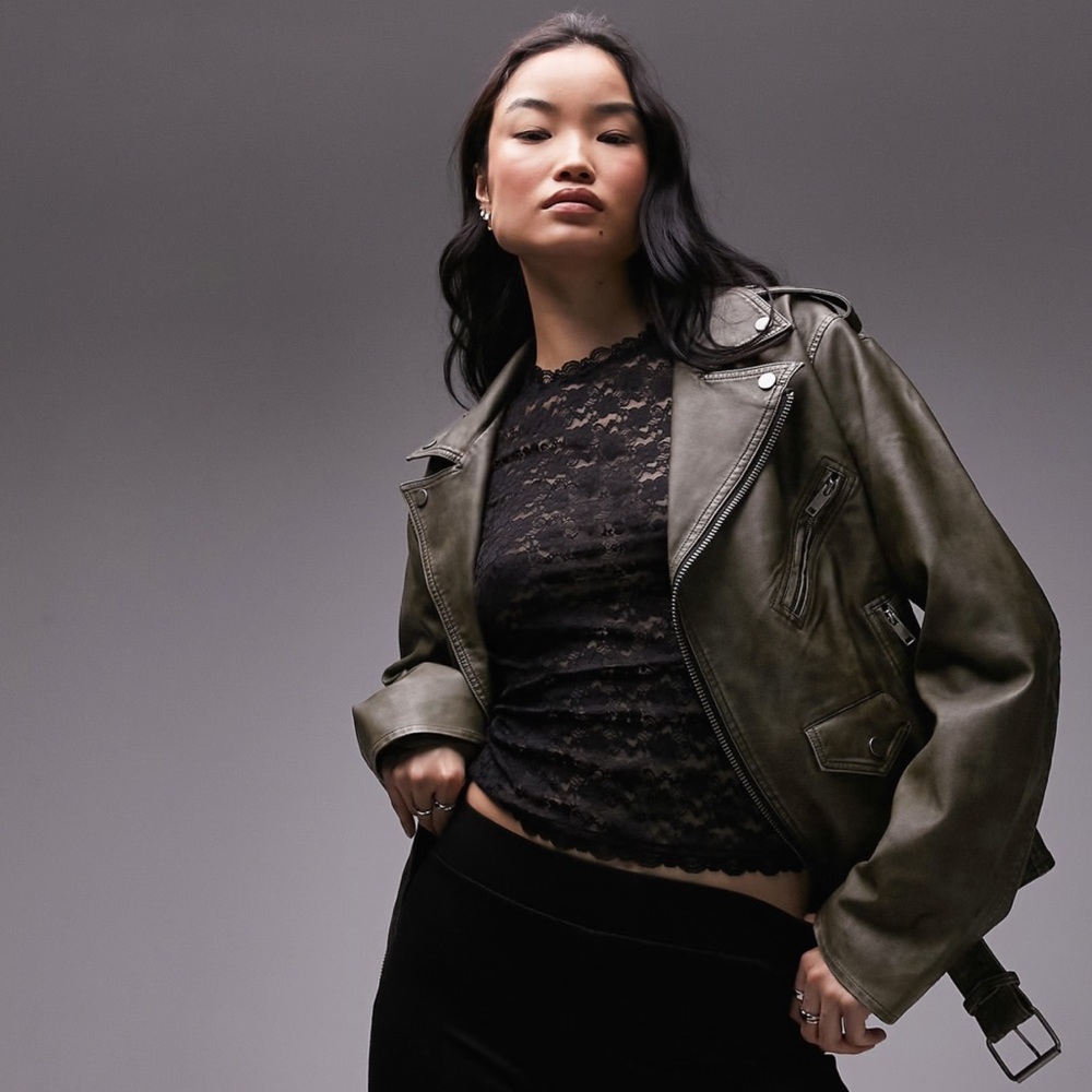 Topshop moto faux leather biker jacket olive / faded green